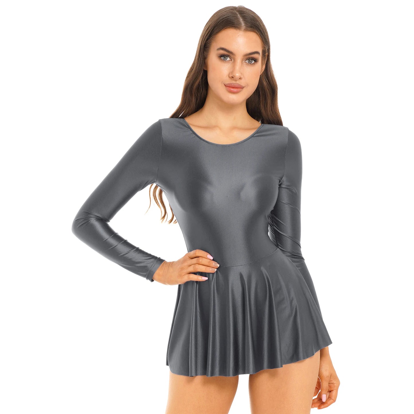 Women's Solid Color Long Sleeve Ruffled Dress - Round Neck