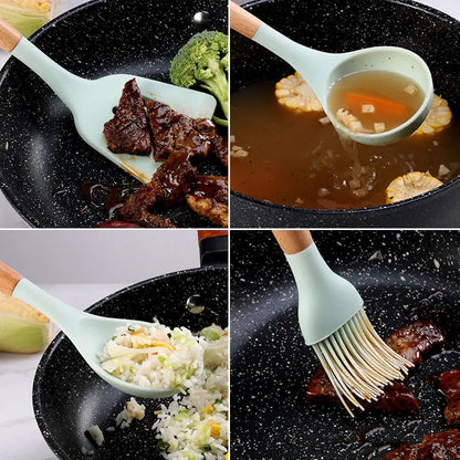 12Pcs Silicone Kitchen Utensils Cooking Wooden Handle Non Stick Pot Kitchenware Set Storage Bucket Silicone Kitchen Utensils