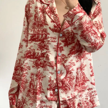 Fashion Print Flower 2PCS Pajamas Set - Women's Spring Summer Lounge Wear