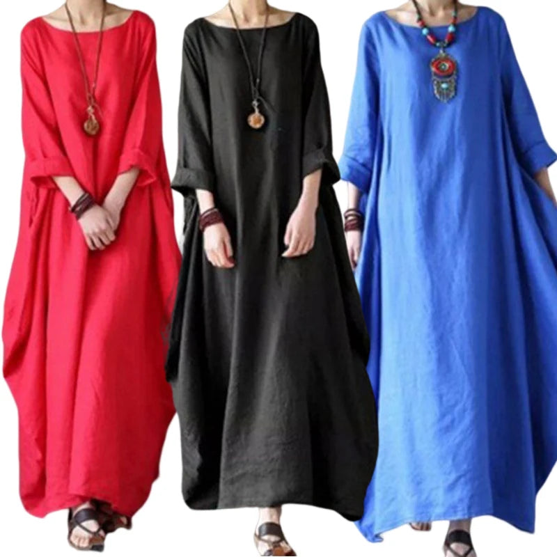 Women's Cotton Linen Loose Dress | Literary Boho Long Sleeve Kaftan Robe