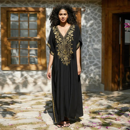 Women's Gold Embroidery Long Kaftan Dress | V Neck Caftan Beach Cover Up