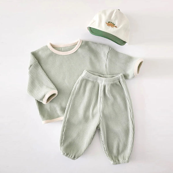 Korean Style Children Clothes Suit Waffle Pullover Pants Baby Boys