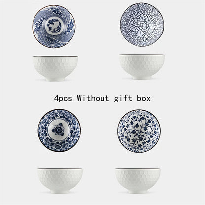 Minimalist Blue Ceramic Dinner Bowl, (300ml) Authentic Flowered Pottery Set, Available in 2/4/6 PCS Set