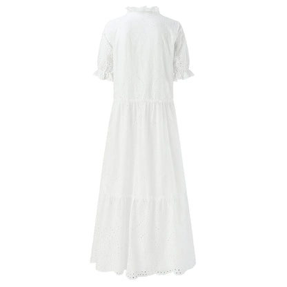 White Bohemian Beach Dress - Casual Hollow Crochet Long Dress