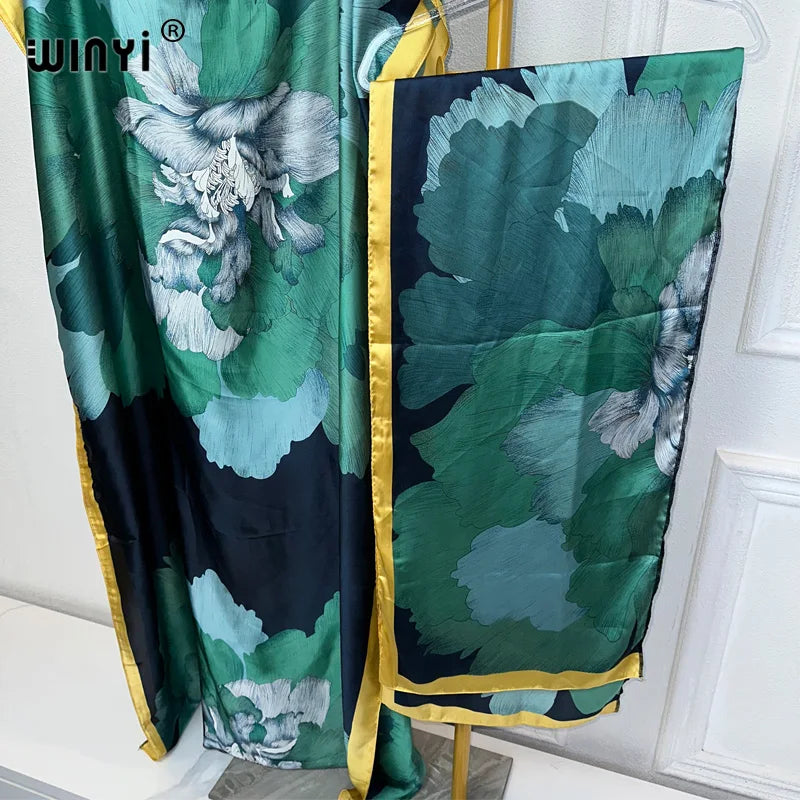 African Women Dashiki Dress with Scarf | Boho Print Maxi Loose Dubai Abaya