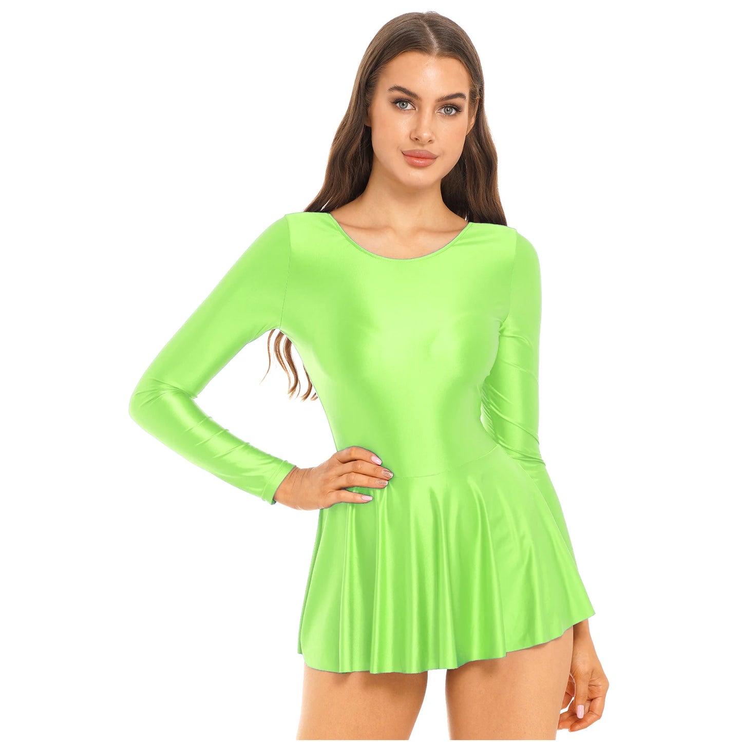 Women's Solid Color Long Sleeve Ruffled Dress - Round Neck