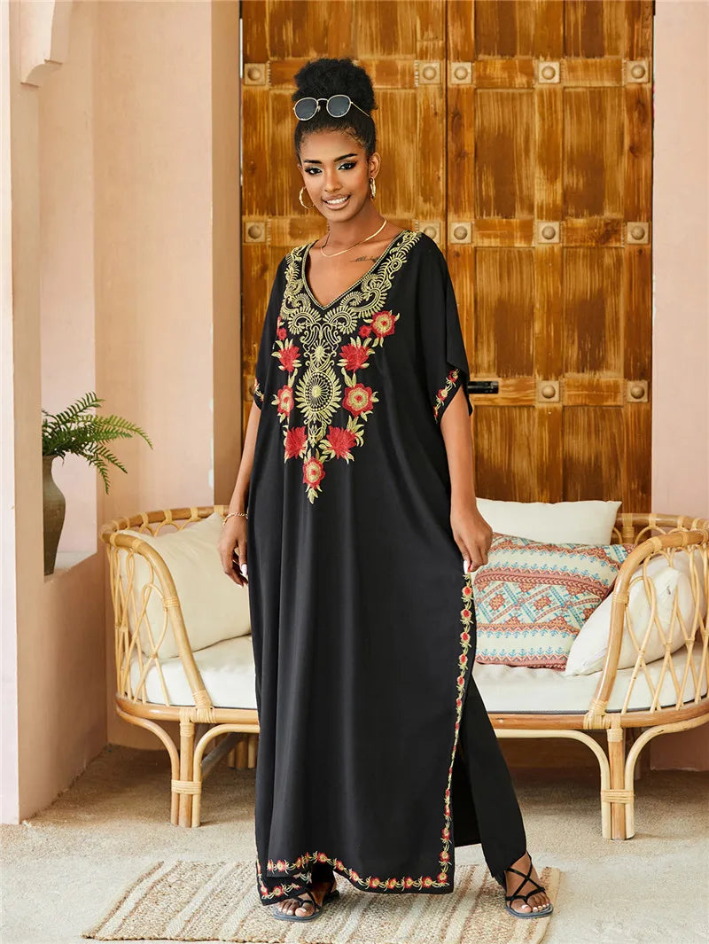 Women's Plus Size Kaftan Dress | Embroidered Caftan Maxi Loungewear & Swimsuit Cover Up