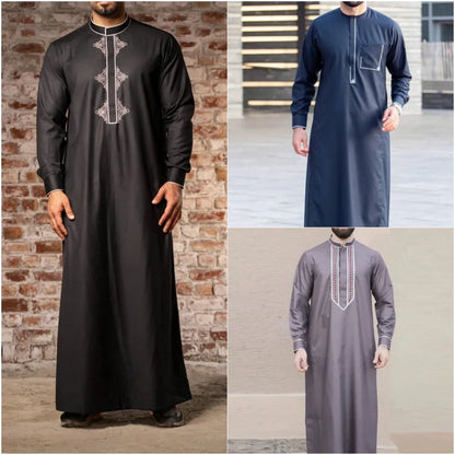 Men's Embroidered Islamic Thobe | Long-Sleeved Arabic Loose Robe Dress