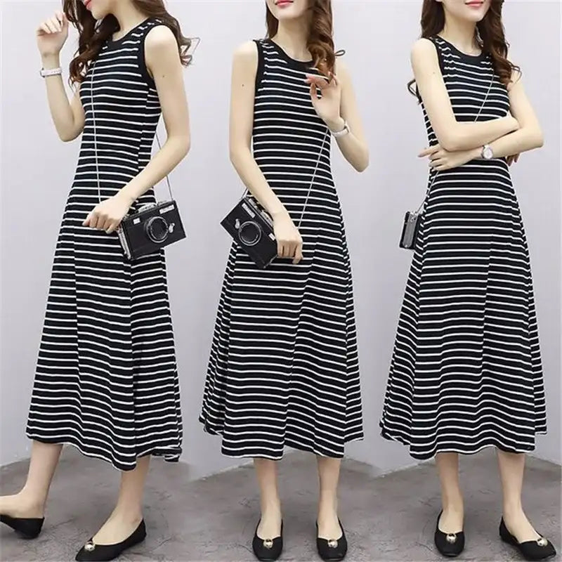 White Striped Beach Casual Long Dress - Korean Dongdaemun Style