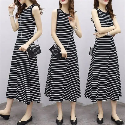White Striped Beach Casual Long Dress - Korean Dongdaemun Style