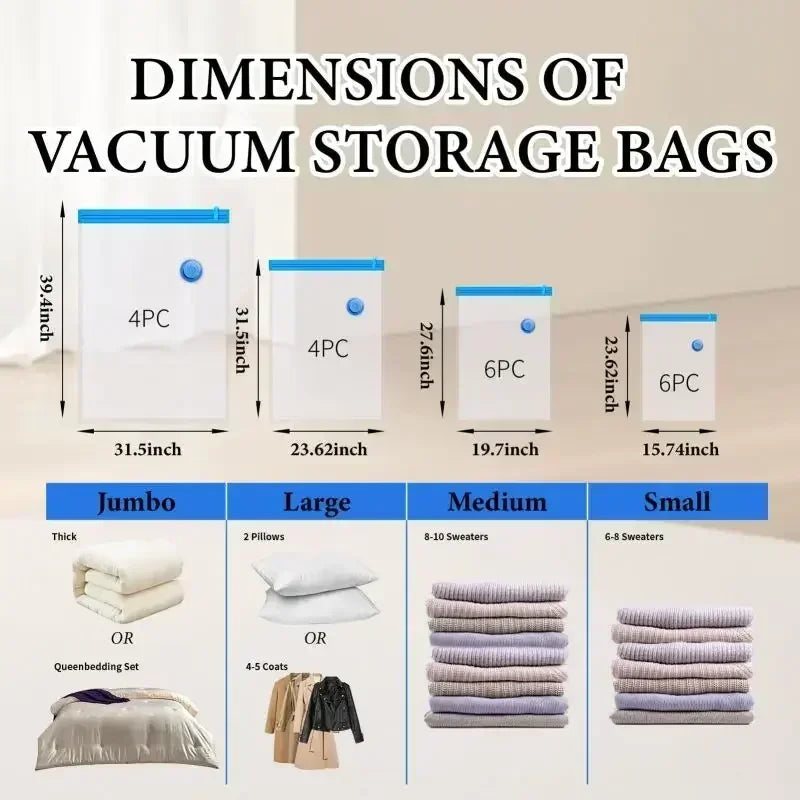 8PCS Vacuum Storage Bags - Space Saver Travel Storage with Hand-Pump