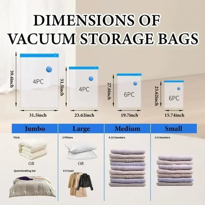 8PCS Vacuum Storage Bags - Space Saver Travel Storage with Hand-Pump