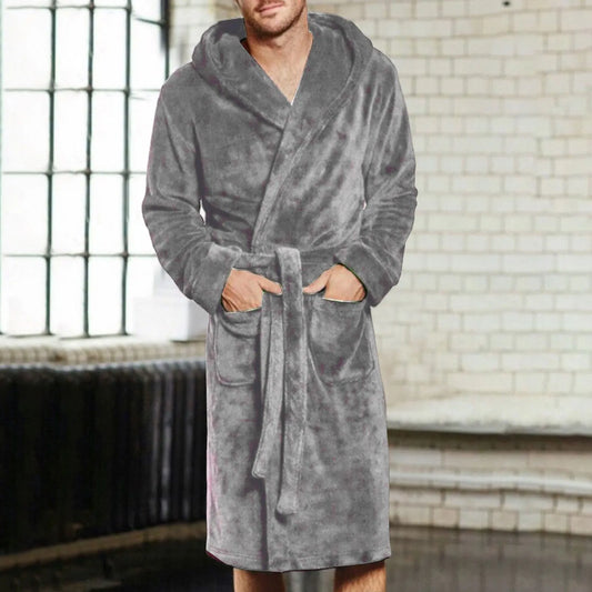 Men's Grey Thick Warm Bathrobe - Winter Flannel Lounging Suit