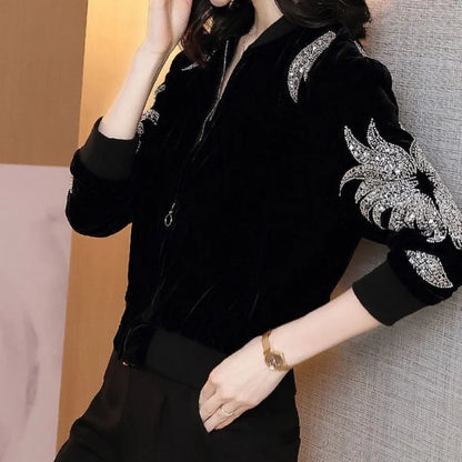 Luxury Rhinestone Crop Jacket - Women's Bomber Style Autumn Coat