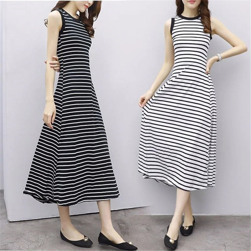 White Striped Beach Casual Long Dress - Korean Dongdaemun Style