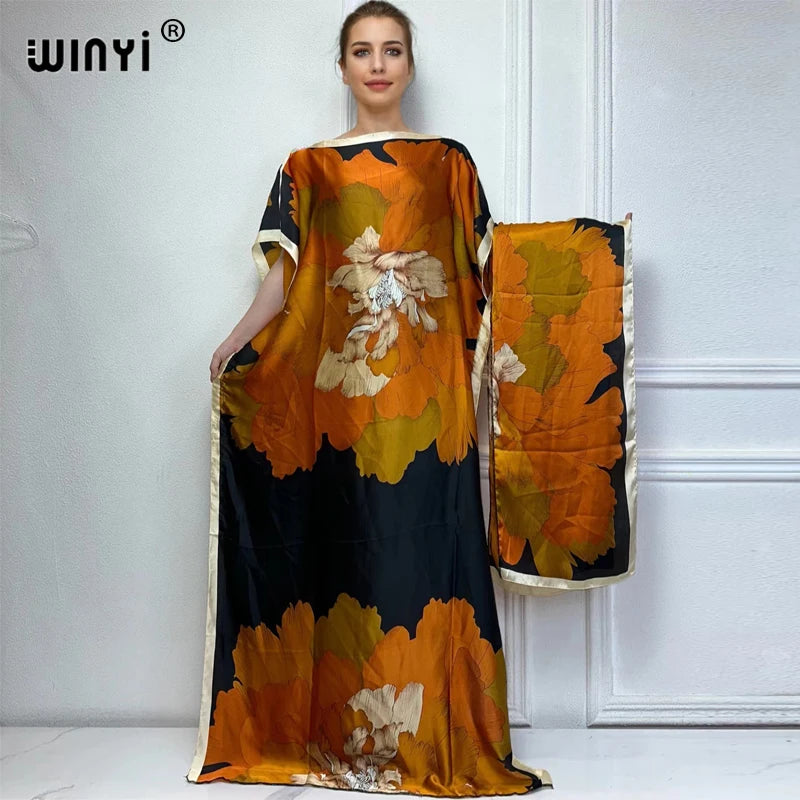 African Women Dashiki Dress with Scarf | Boho Print Maxi Loose Dubai Abaya