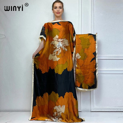 African Women Dashiki Dress with Scarf | Boho Print Maxi Loose Dubai Abaya