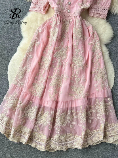 SINGREINY Lace Embroidery Long Dress - French Vintage Floral Midi Sundress