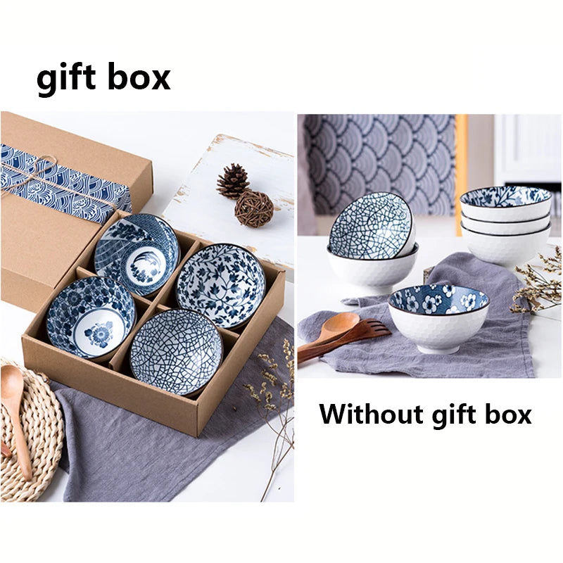 Minimalist Blue Ceramic Dinner Bowl, (300ml) Authentic Flowered Pottery Set, Available in 2/4/6 PCS Set