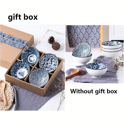 Minimalist Blue Ceramic Dinner Bowl, (300ml) Authentic Flowered Pottery Set, Available in 2/4/6 PCS Set
