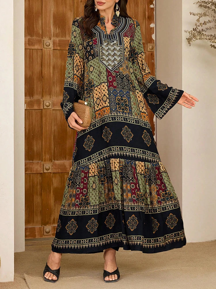 Women's Irregular Grain Graphic Print Long Sleeve Islamic Clothing