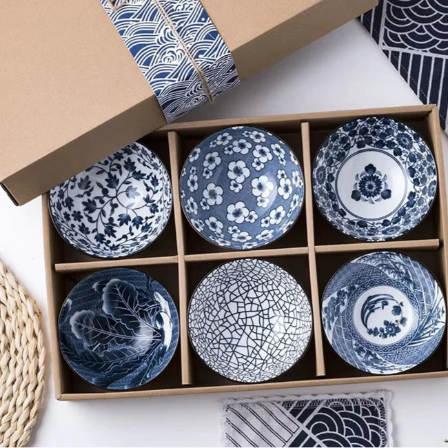 Minimalist Blue Ceramic Dinner Bowl, (300ml) Authentic Flowered Pottery Set, Available in 2/4/6 PCS Set
