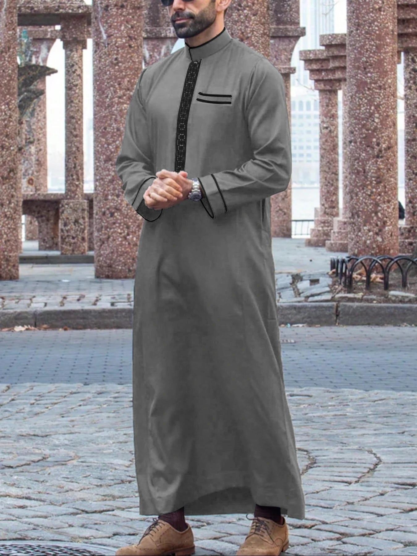 Men's Embroidered Islamic Thobe | Long-Sleeved Arabic Loose Robe Dress