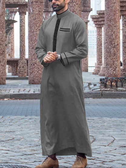 Men's Embroidered Islamic Thobe | Long-Sleeved Arabic Loose Robe Dress