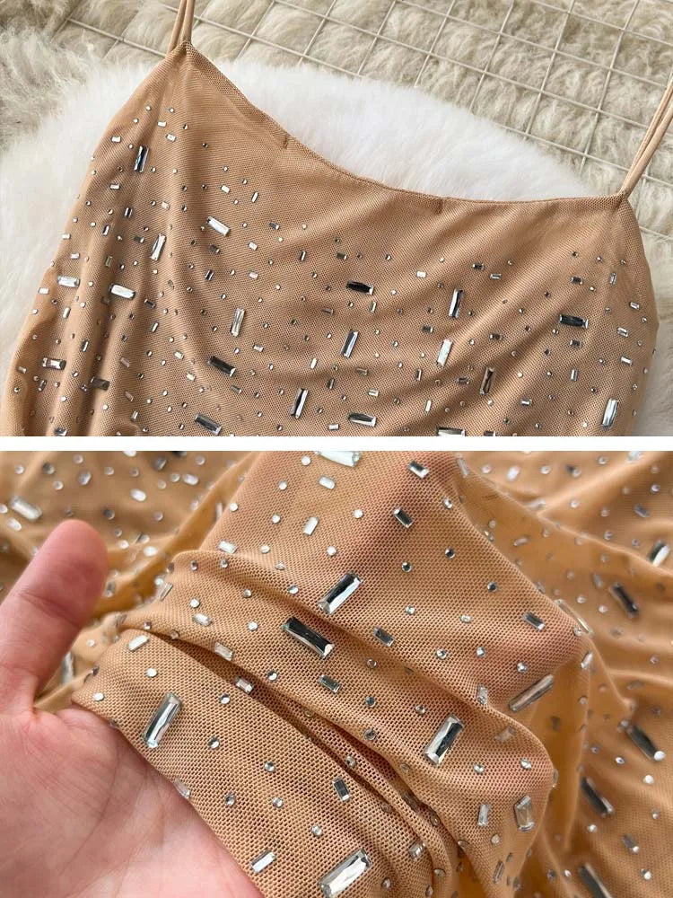 Sexy Mesh Rhinestone Bodycon Dress - Sleeveless Long Dress