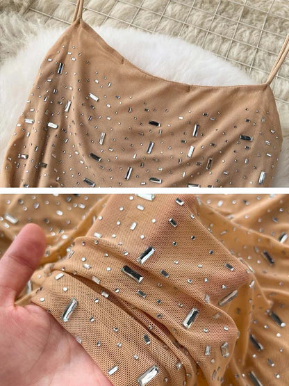 Sexy Mesh Rhinestone Bodycon Dress - Sleeveless Long Dress