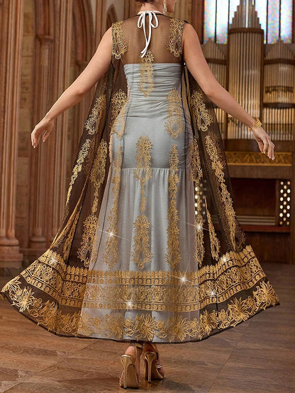 Women's Cardigan - Gold Embroidery Sleeveless Midi Abaya