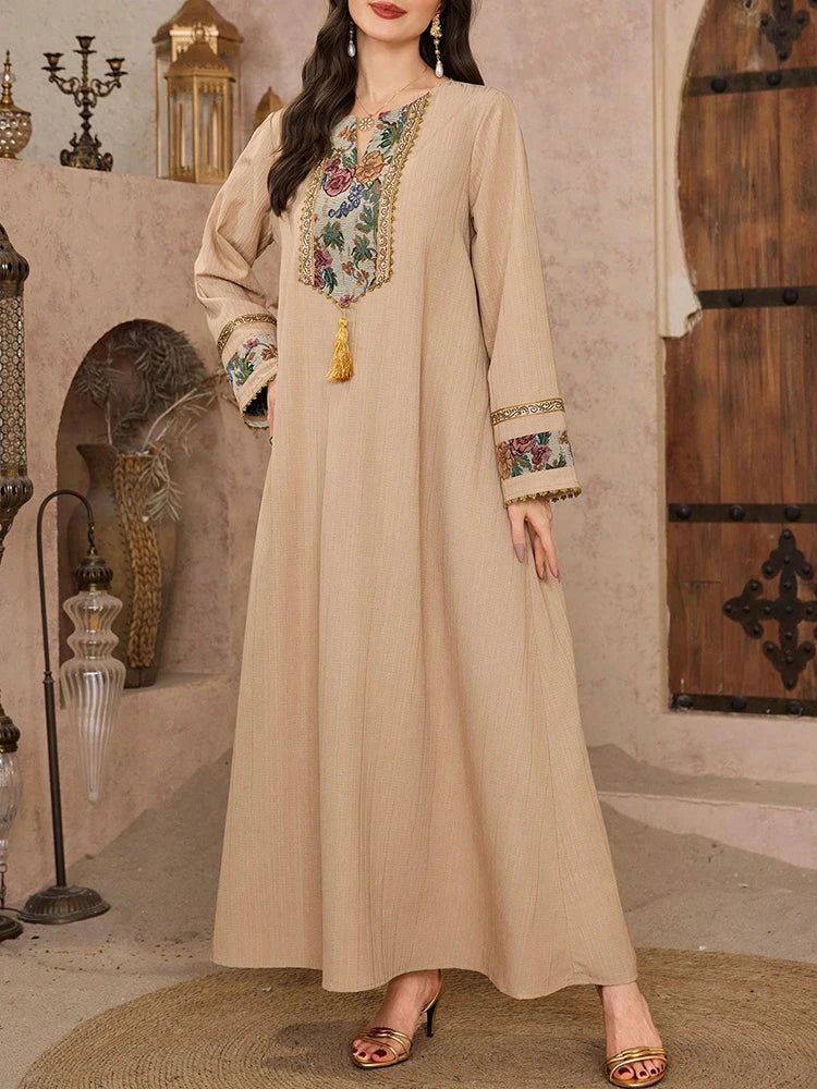 Women's Long Sleeve Floral Print Embroidery Tassel Loose Traditional Dresses
