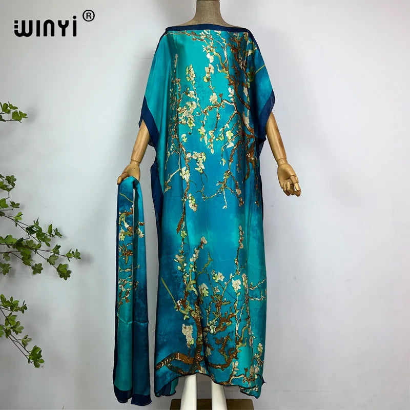 Women Dashiki Dress with Scarf | Boho Print Maxi Loose Dubai Abaya