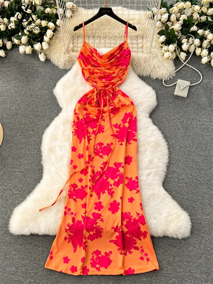 SINGREINY Spaghetti Strap Floral Long Dress - Slim Bodycon Design