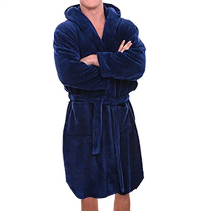 Men's Belt Flannel Bath Robe - Hooded Warm Sleepwear with Pockets