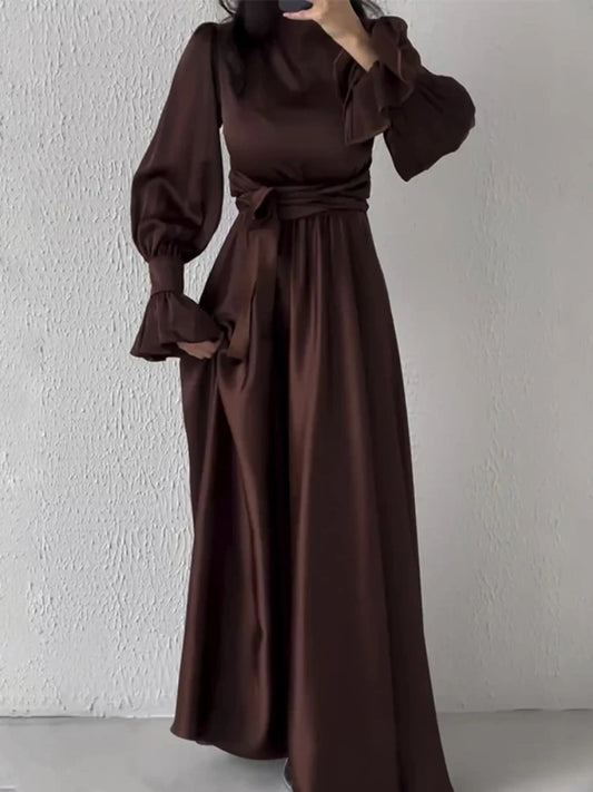 Lotus Leaf Sleeve Satin Abaya Long Dress - Ramadan Party Dress