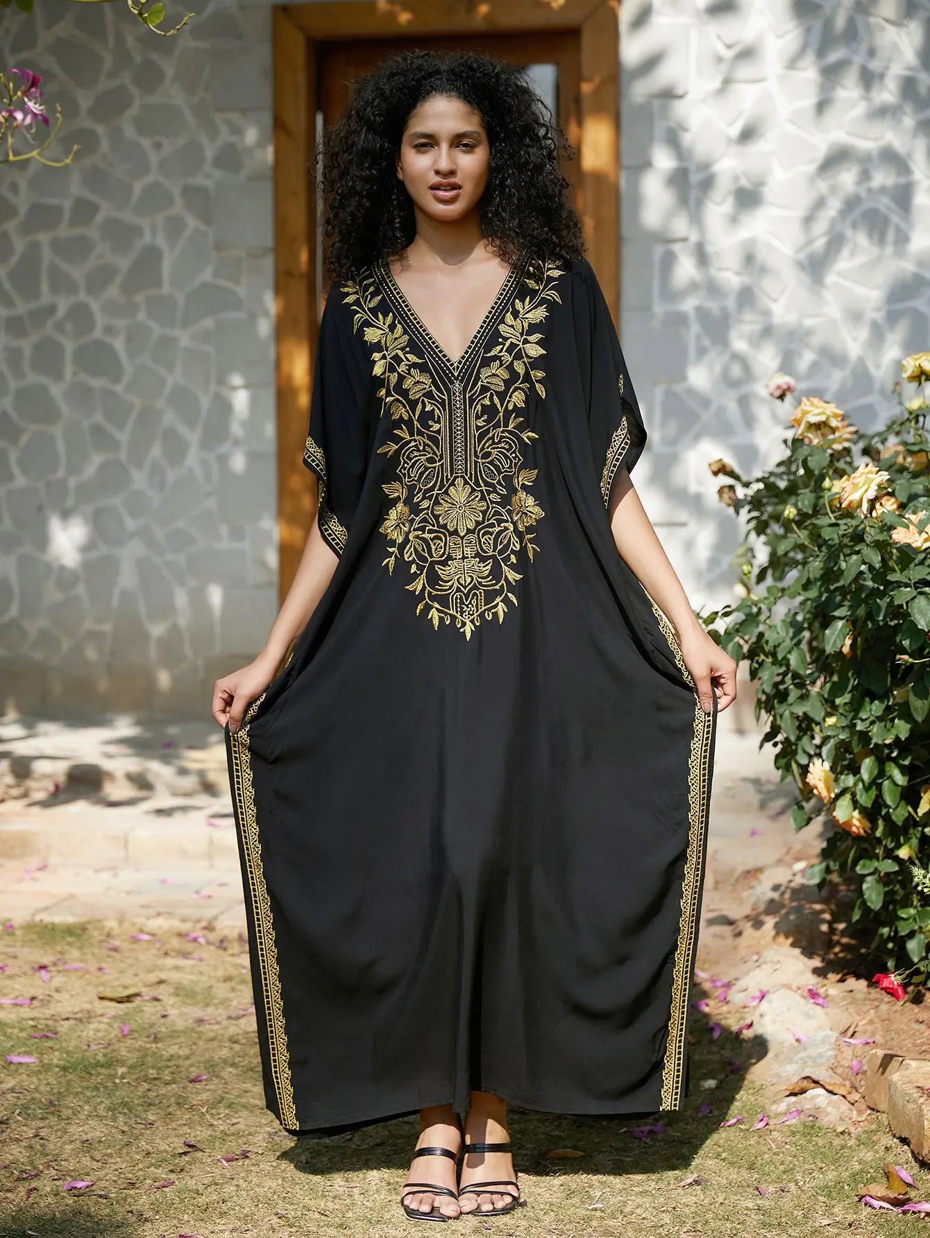 Women's Gold Embroidery Long Kaftan Dress | V Neck Caftan Beach Cover Up