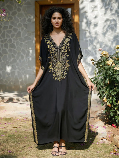 Women's Gold Embroidery Long Kaftan Dress | V Neck Caftan Beach Cover Up
