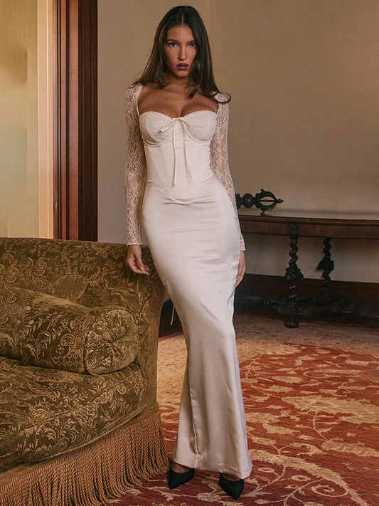 White Lace Maxi Dress - Long Sleeve, Backless, and Back Split Design