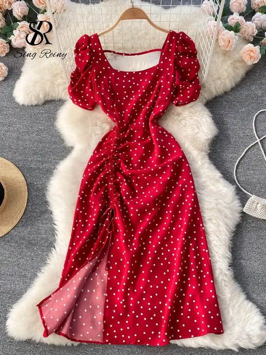 SINGREINY Square Collar Polka Dot Beach Dress - Sweet Chiffon Long Dress