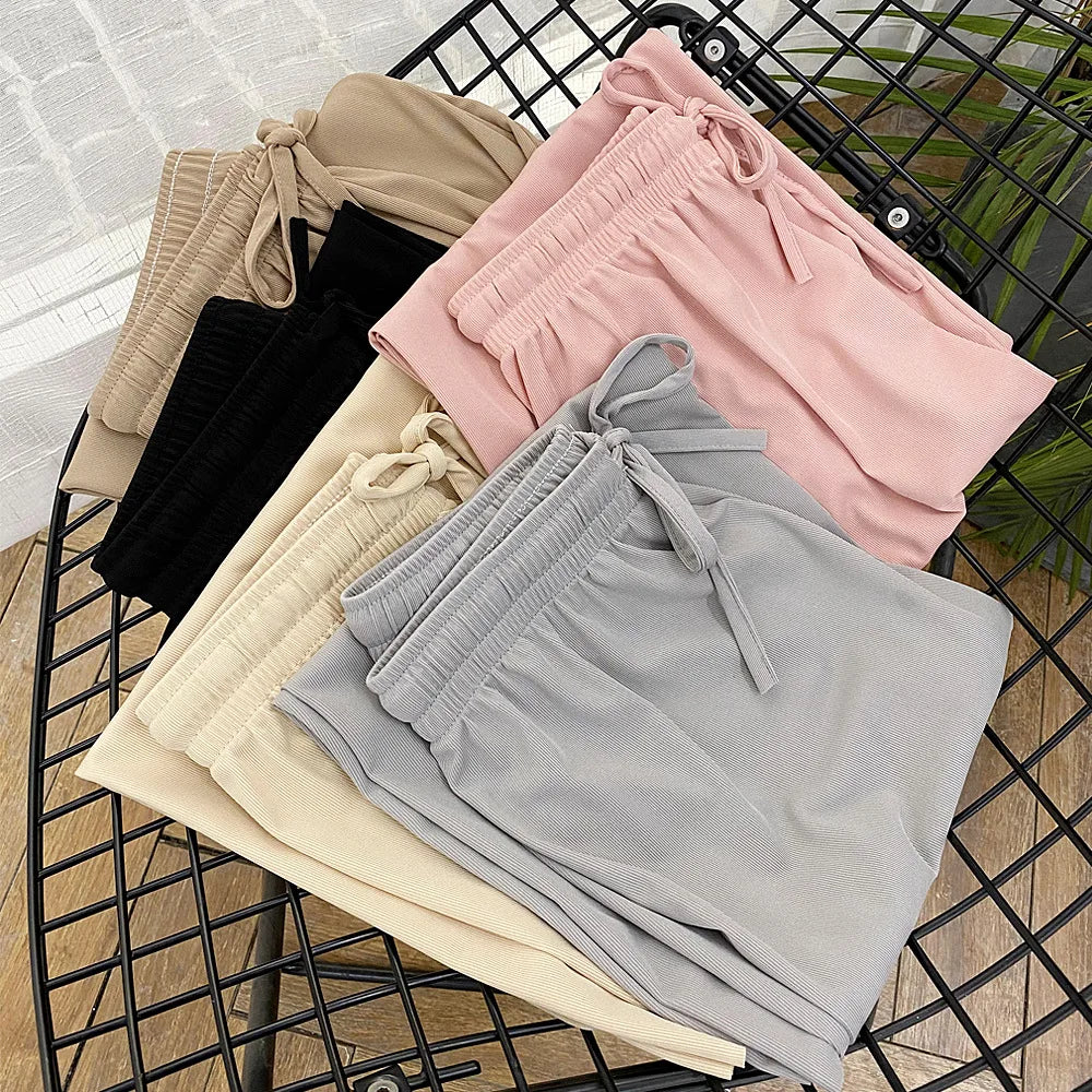 Women Ankle-Length Wide Leg Pants - Casual Summer Elastic Waist Ice Silk Trousers