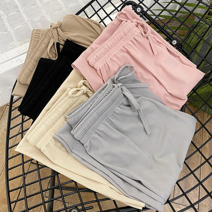 Women Ankle-Length Wide Leg Pants - Casual Summer Elastic Waist Ice Silk Trousers