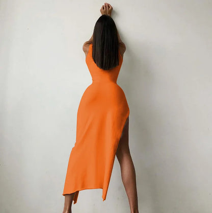 Sleeveless Orange Midi Dress - Side Slit Turtleneck Bodycon