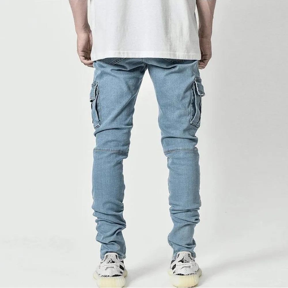 Street Elastic Jeans - Men's Denim Cargo Pants with Multi Pockets