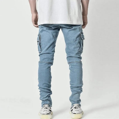 Street Elastic Jeans - Men's Denim Cargo Pants with Multi Pockets