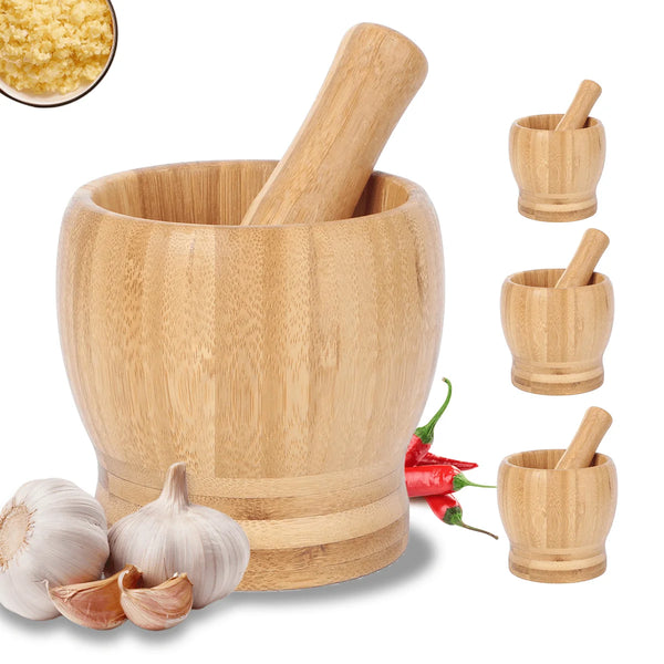 Leeseph Bamboo Mortar And Pestle Set Garlic Grinder Herb Spice Tool