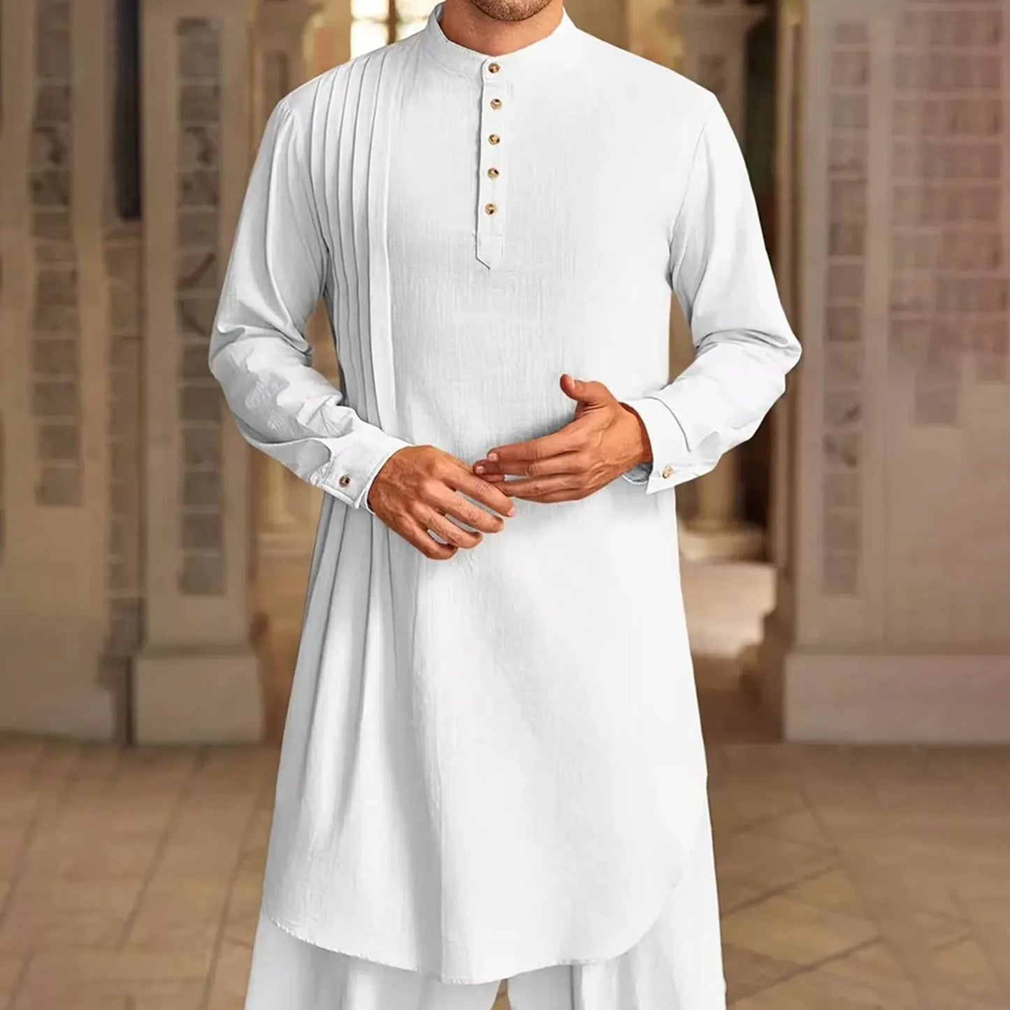 Men's Islamic Cotton Linen Shirt - Stand Collar Kurta Robe