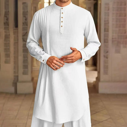 Men's Islamic Cotton Linen Shirt - Stand Collar Kurta Robe