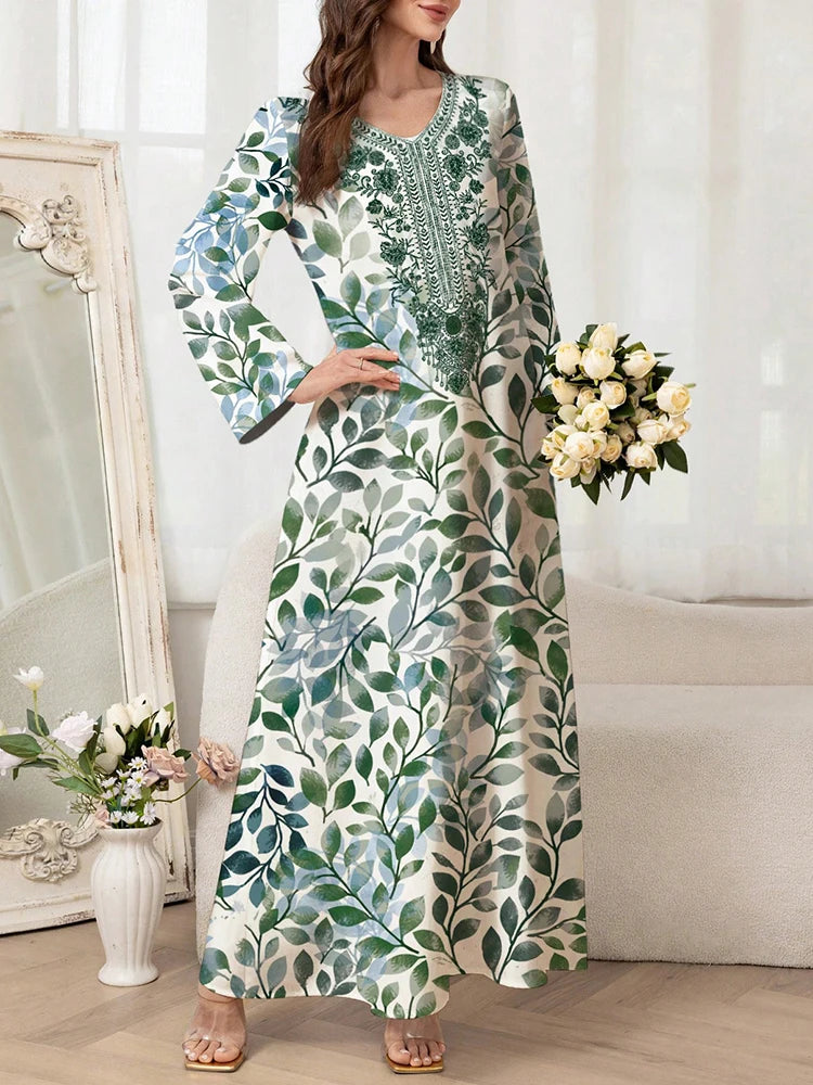 Women's Graphic Print Jalabiya - Long Sleeve V-Neck Loose Dress