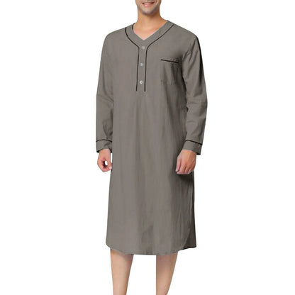 New 2025 Men Jubba Thobe Solid Color Pajamas Fashion Solid Loose Muslim Robe Long-sleeved Nightgown Bathrobes Mens Muslim Kaftan